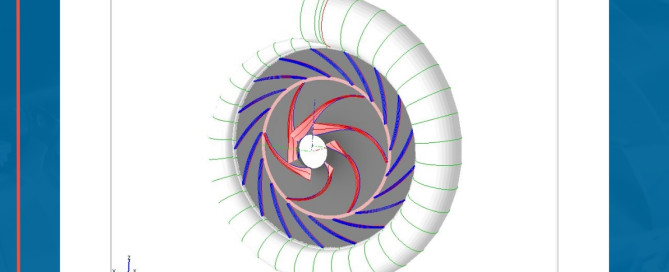 3D CAD model of a spiral turbine design with green, red, and blue lines on a white background.