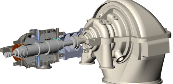 Cross-section illustration of a turbocharger showing its internal components, including the turbine, compressor, and housing.