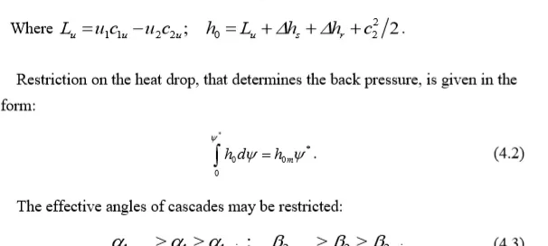 Mathematical equations related to pressure and angles of cascades with integral notations and associated variables and constants.