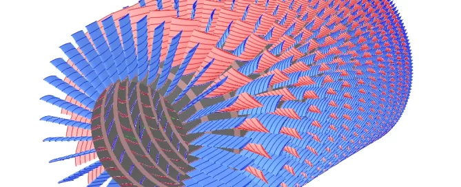 An abstract 3D cylinder with overlapping red and blue spiked layers.