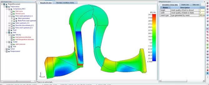 A computer screen displays a colorful 3D simulation of fluid dynamics through a bent pipe with labeled analysis data on the side.