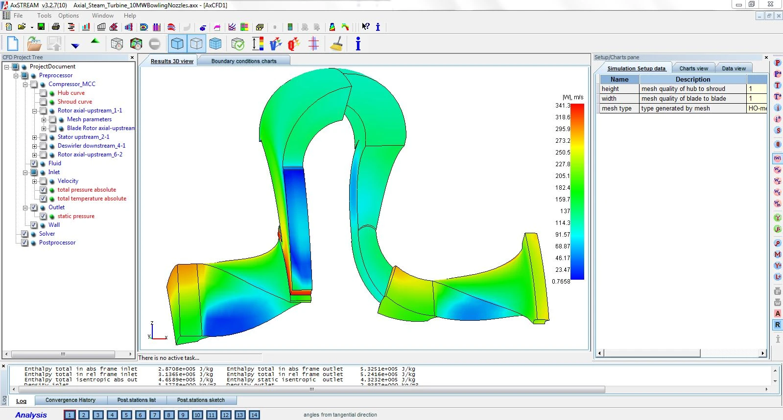 A 3D CAD simulation showing stress distribution on a curved pipe structure, displayed in various colors.
