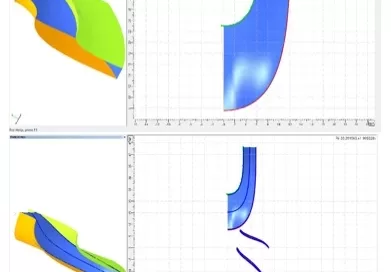 Four technical 3D model images with colorful shapes and grid backgrounds, showing different angles and sections of an object with green, blue, orange, and yellow areas.