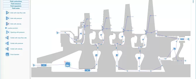 A diagram with flow paths and nodes, likely depicting a network or system. Various sections and tools are visible in a side menu.