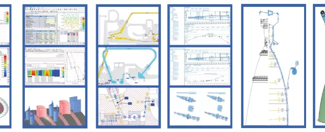 A collage of engineering diagrams and charts features graphs, structural designs, and a detailed mechanical component on the right, highlighting the intricacies of turbomachinery. This display, perhaps crafted by Softinway's experts, captures the essence of cutting-edge engineering.