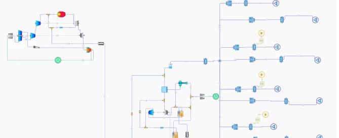 A flowchart of a system simulation featuring various interconnected elements like valves, pumps, and sensors under the title "AxSTREAM System Simulation.