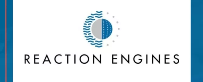 Logo of Reaction Engines, featuring a stylized circle design with blue waves and dots, above the company name in bold, black letters.