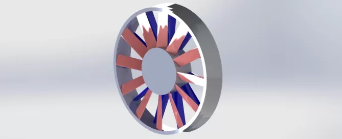 3D rendering of a round object with alternating red and blue triangular segments around a central gray circle, resembling a stylized fan or turbine, set against a neutral background.
