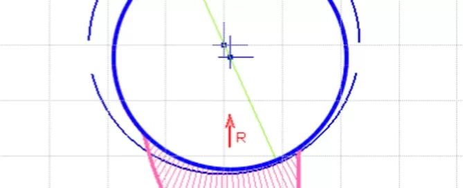 A mathematical diagram showing a circle with radial lines, a blue circle border, pink arcs, and labeled points F and R on a grid.