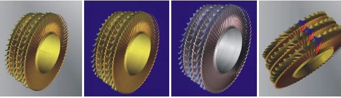 Four digitally rendered images of turbine blades on a gradient background, showcasing different designs and orientations.