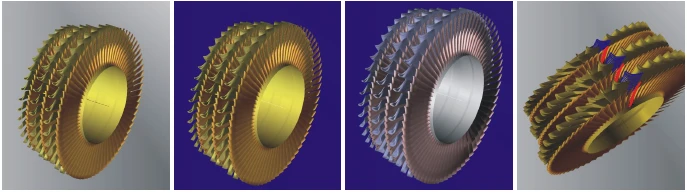 Four digitally rendered images of turbine blades on a gradient background, showcasing different designs and orientations.