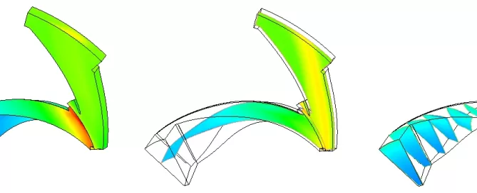 Three colorful 3D models display curved, arch-like structures with gradient colors ranging from blue to green to red.