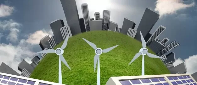 A spherical cityscape with skyscrapers under a bright sky, featuring three wind turbines and solar panels on a grassy surface in the foreground.