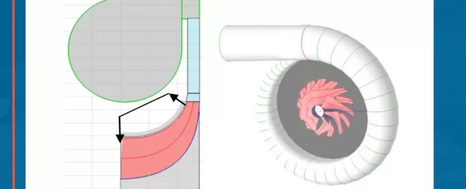 Cross-sectional and 3D view of a fluid dynamics system with labeled components, including a spiral pipe and color-coded segments indicating flow direction and pressure differences.