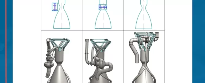 Diagrams and 3D models of three rocket engine designs labeled a), b), and c), showing different valve and nozzle configurations.