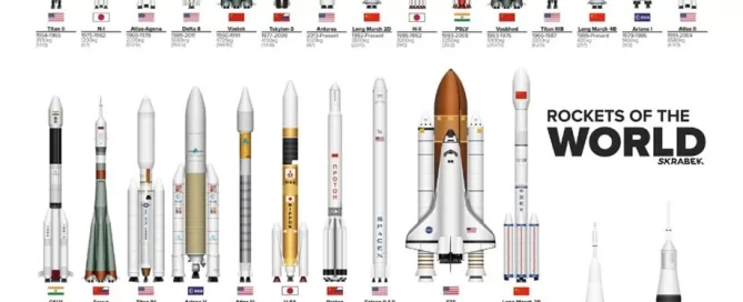 Illustration showcasing various rockets from around the world, labeled and organized into rows, highlighting the intricate role of turbomachinery in their design.
