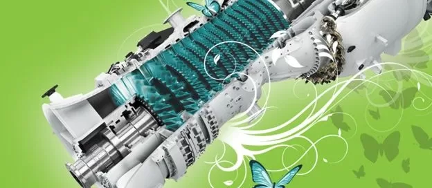Illustration of a turbine engine by Softinway with a green background, adorned with turbomachinery components and blue butterflies. Swirling white lines add a sense of motion.
