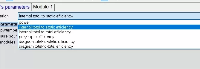 Dropdown menu displaying design criteria options in a machine's parameters setting, with "internal total-to-static efficiency" selected.