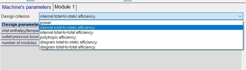Dropdown menu displaying design criteria options in a machine's parameters setting, with "internal total-to-static efficiency" selected.