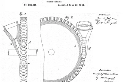 Technical drawing of a steam turbine design patented in 1894 by C. G. P. de Laval, showcasing detailed diagrams and annotations in the realm of early turbomachinery engineering often explored by modern firms like Softinway.