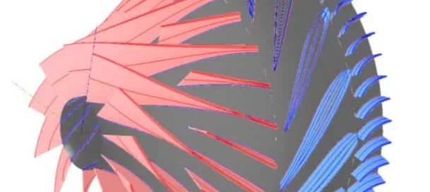 3D model of a turbine or fan with red and blue blades, showing aerodynamic flow design.