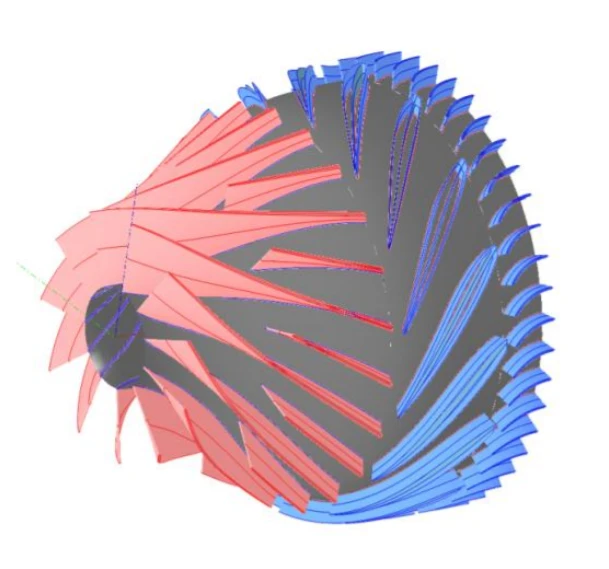 Figure-1-Mixed-Flow-Compressor-Arrangement-in-AxSTREAM 3D model of a turbine or fan with red and blue blades, showing aerodynamic flow design.