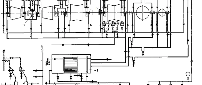 Black and white technical diagram of a complex mechanical system with interconnected pipes, valves, and components.