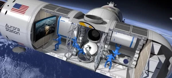 Concept art of a space station orbiting Earth, showing an interior with two astronauts working in zero gravity and an Earth view through a large window.