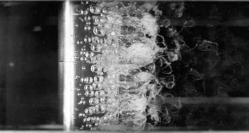 Black and white image of bubbles rising in water against a dark background, reminiscent of the intricacies found in turbomachinery, with some Softinway-like mist formations at the top.