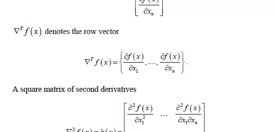 Mathematics diagram showing gradient vector ∇f(x), row vector representation, and Hessian matrix ∇²f(x) for a function f(x), featuring partial derivatives with respect to variables x₁, x₂, ..., xₙ.