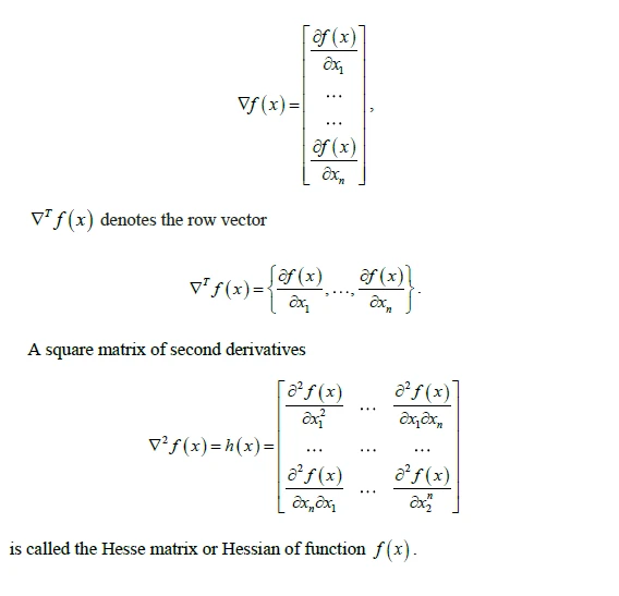 Formula-Chapter-4 Mathematics diagram showing gradient vector ∇f(x), row vector representation, and Hessian matrix ∇²f(x) for a function f(x), featuring partial derivatives with respect to variables x₁, x₂, ..., xₙ.