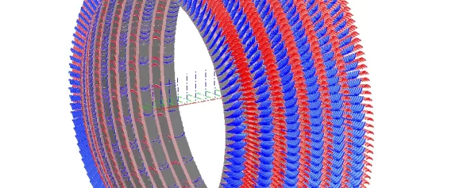 3D model of a tire with alternating red and blue textured treads.