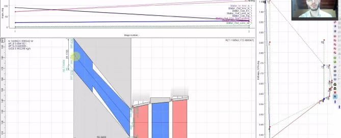 Screenshot of a software interface showing geotechnical analysis with graphs and a model depicting slope stability, featuring force vectors. A person is visible in a video call panel at the top right.