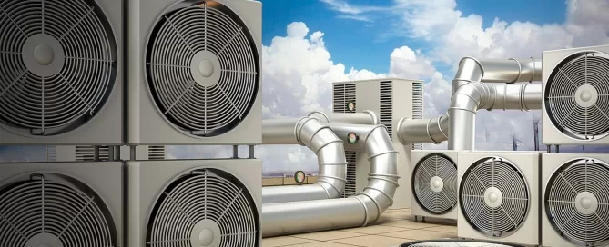 A rooftop with multiple industrial air conditioning units and ventilation ducts under a partly cloudy sky.