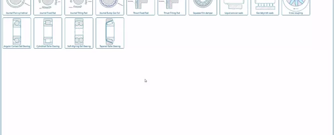 Diagram featuring various mechanical components, such as journal and thrust flanges, bearing seals, and different types of bearings, aligned and labeled in separate boxes.