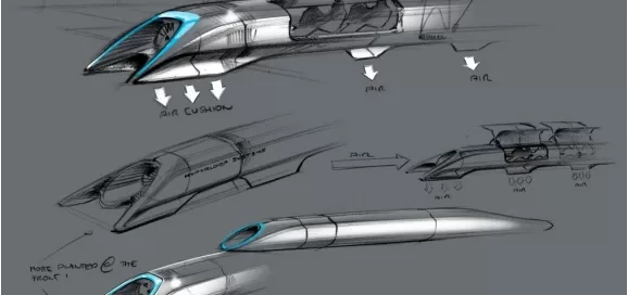 Sketch of a futuristic transportation pod showing air cushions for levitation. Includes design details and cutaway views, with arrows indicating airflow. Human figures for scale reference.