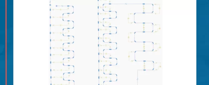 A blue funnel diagram connected to a maze-like series of nodes and pathways, ending at a gear icon on a light blue background.