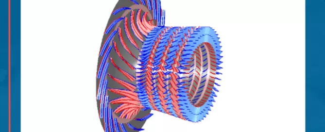 3D model of a turbine, featuring intricate blue and red components on a white background.