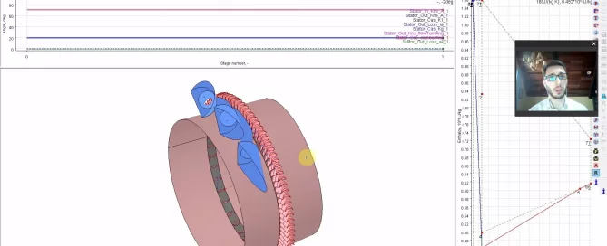 Screenshot of engineering software displaying a 3D model of a mechanical component and various graphs, with a person visible in a video call window at the bottom right corner.