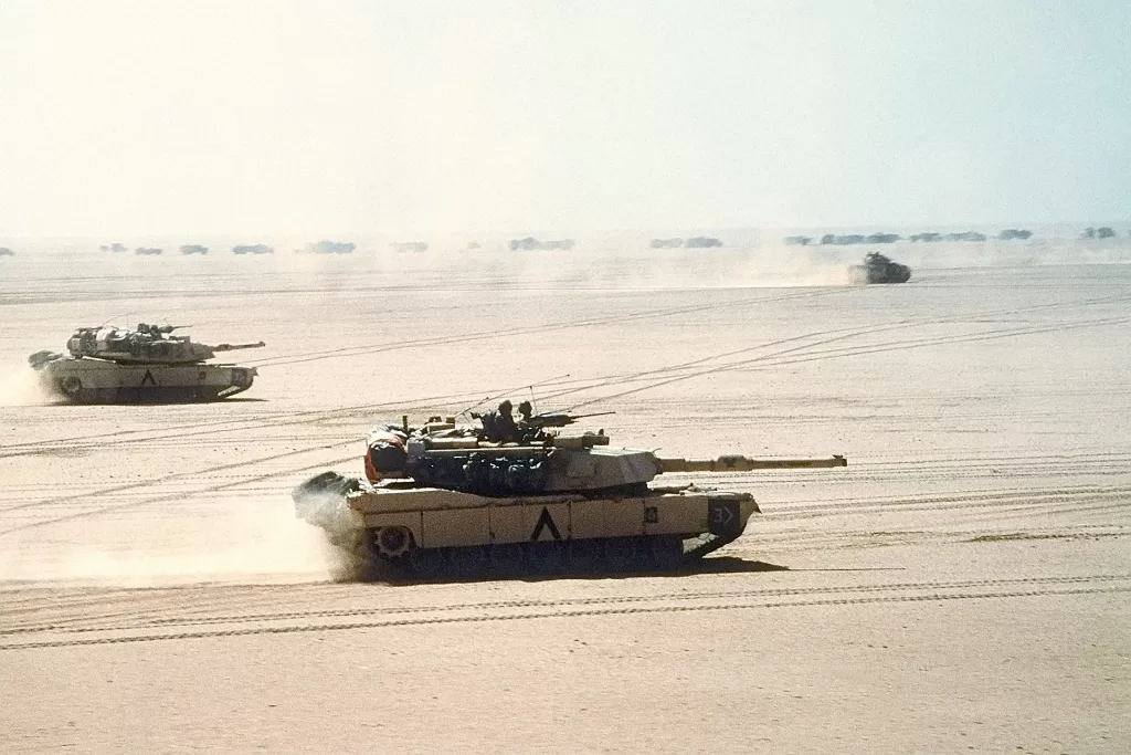 Two M1 Abrams tanks on a mission in Operation Desert Storm