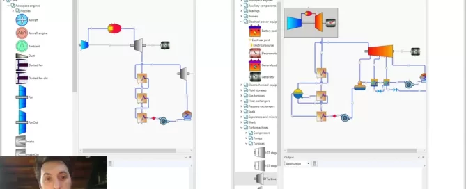 Two simulation models displayed on dual computer screens, featuring interconnected flow diagrams with various components, icons, and a small video call screen in the bottom left corner.