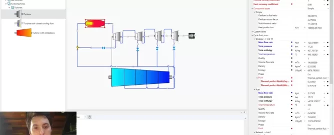 A computer screen displays a diagram with a series of interconnected components and a properties panel on the right. A small video call window is in the bottom left corner.