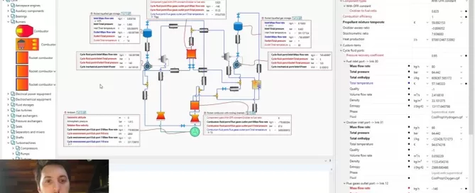 A man in a video call window is overlayed on a screenshot showing a complex chemical process flow diagram with technical data and system simulation software interface.