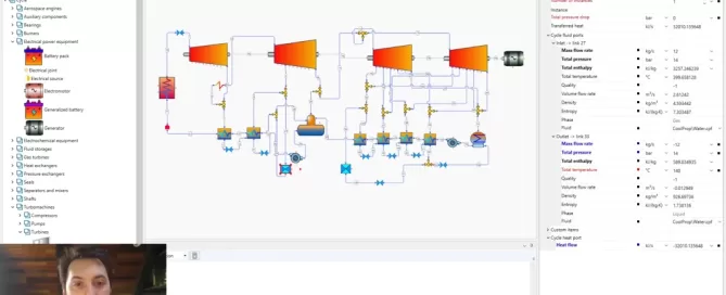 Screenshot of a complex engineering simulation interface displaying a schematic diagram with various interconnected components, and software tools on the right sidebar.