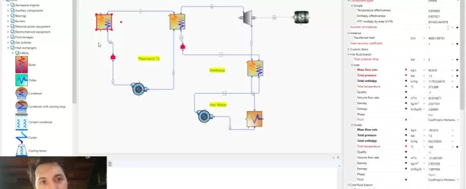 Screenshot of a system simulation software displaying a flowchart with pumps, heat exchangers, and sensors. Properties panel on the right. A person is visible in the bottom corner video feed.