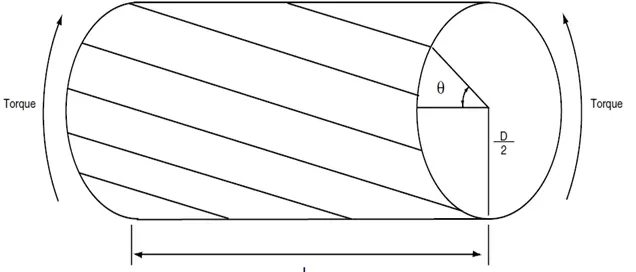 Diagram of a cylindrical object with labeled length (L), diameter (D), angle (θ), and torque arrows on both ends, showing a cutaway section.