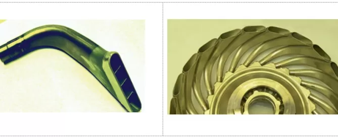 Left: A curved metal exhaust pipe with a flared end, reminiscent of Softinway's innovative turbomachinery designs. Right: A large circular metal gear with spiral teeth.