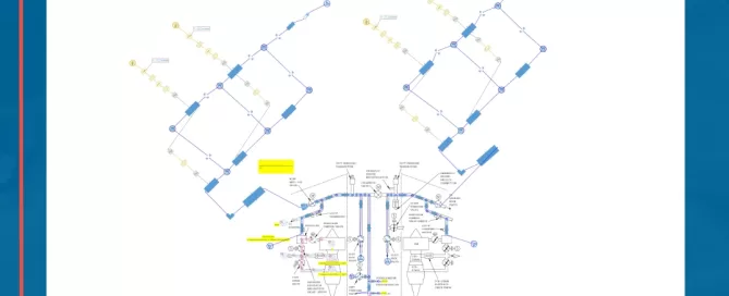 A technical diagram featuring a complex flowchart with colored lines, symbols, and labels, set against a blue background.