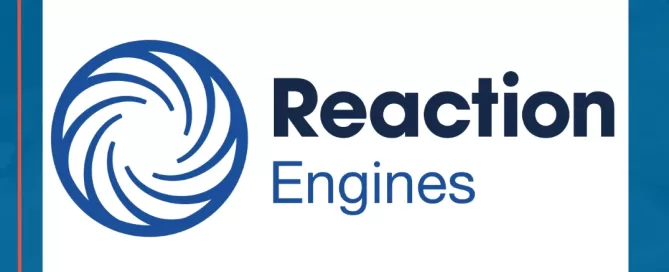 Logo of Reaction Engines featuring a stylized swirl design next to the text "Reaction Engines" on a white background with a blue border.