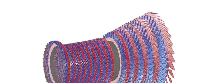A 3D model of a cone-like structure with alternating red and blue zigzag patterns and layered fins.